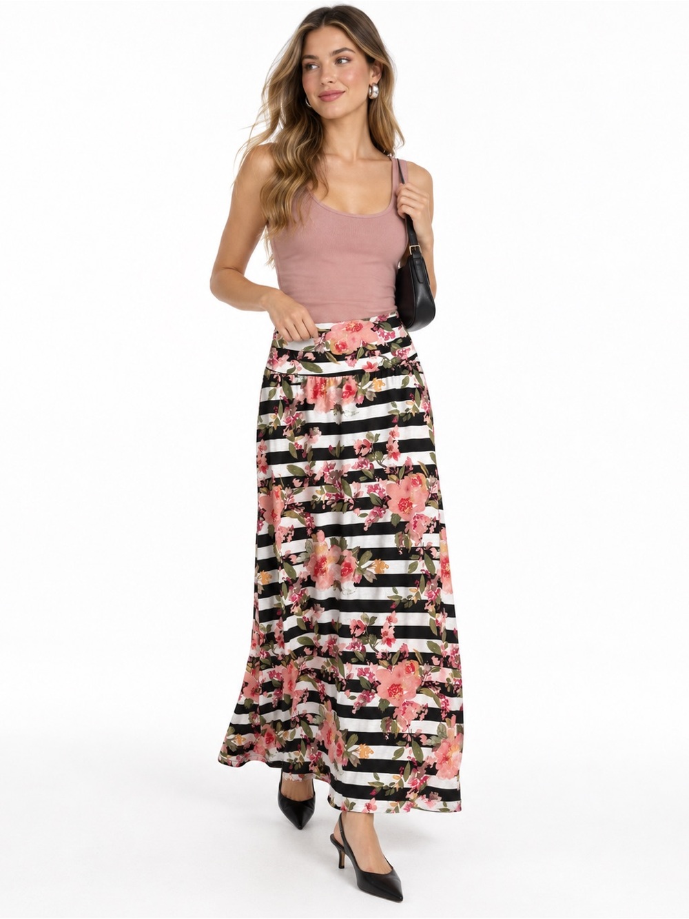 Joe B Floral Stripe Maxi Skirt Medium Black White Pink Stretch Foldover Boho